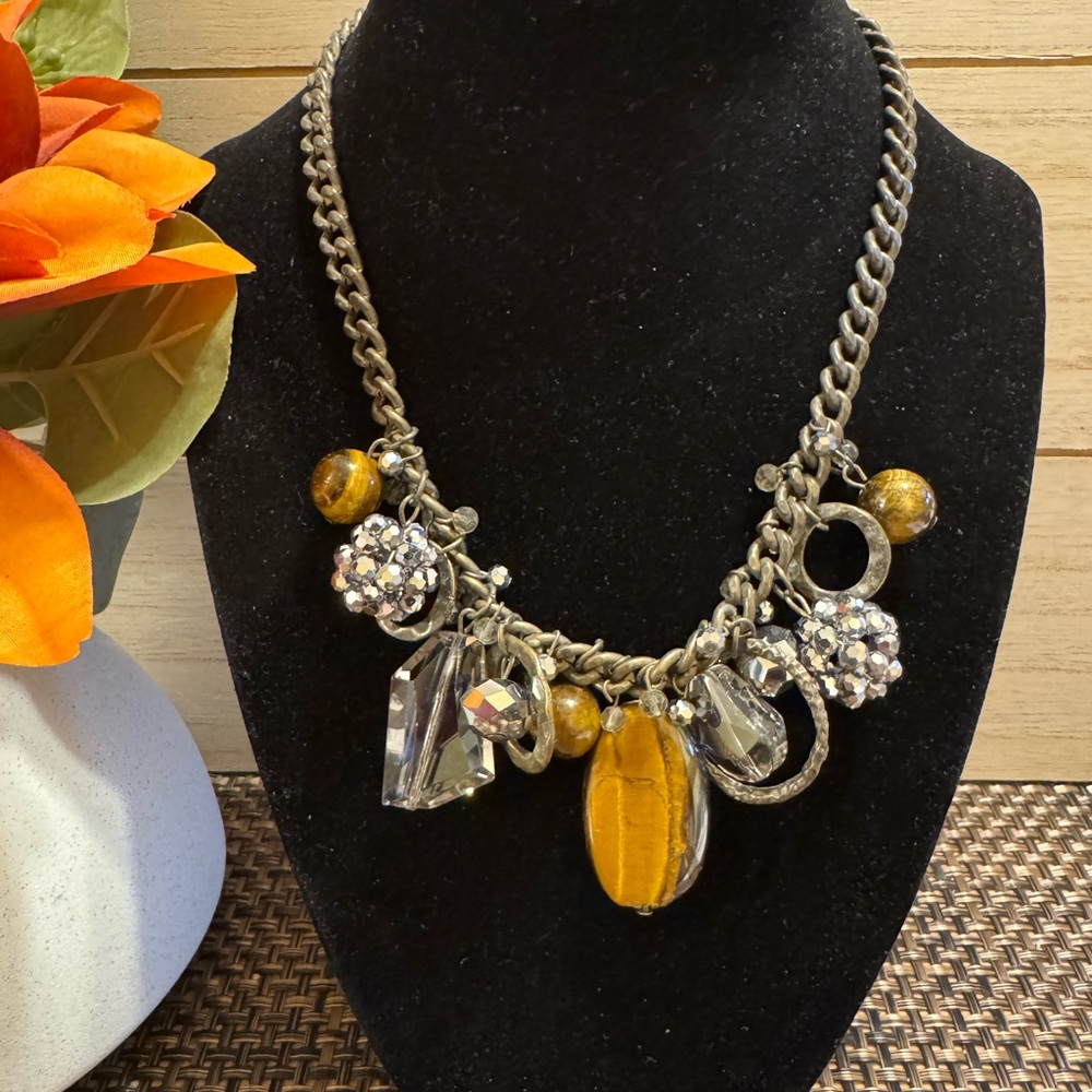 Tigers eye Multi-charm chunky necklace on gunmetal Chain